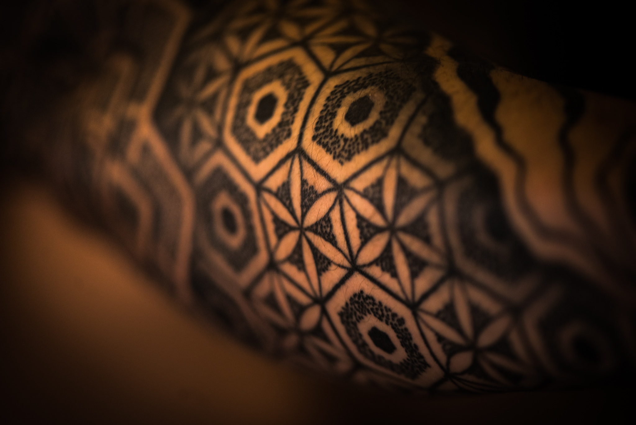 Catherine Shiflett Photography, close-up detail of sacred geometry tattoos, sleeve, shot on Nikon D800