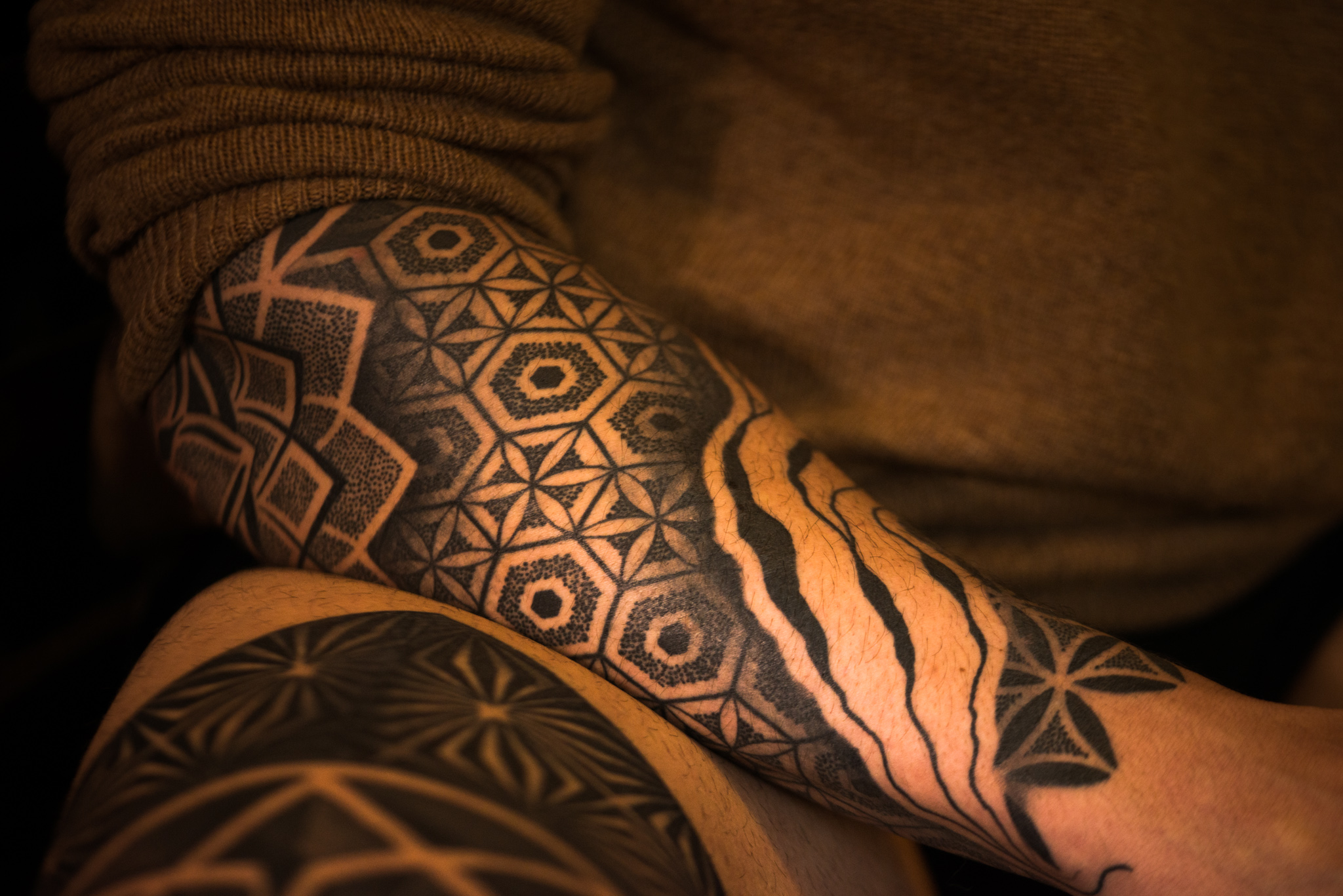 Catherine Shiflett Photography, close-up detail of sacred geometry tattoos, sleeve, shot on Nikon D800